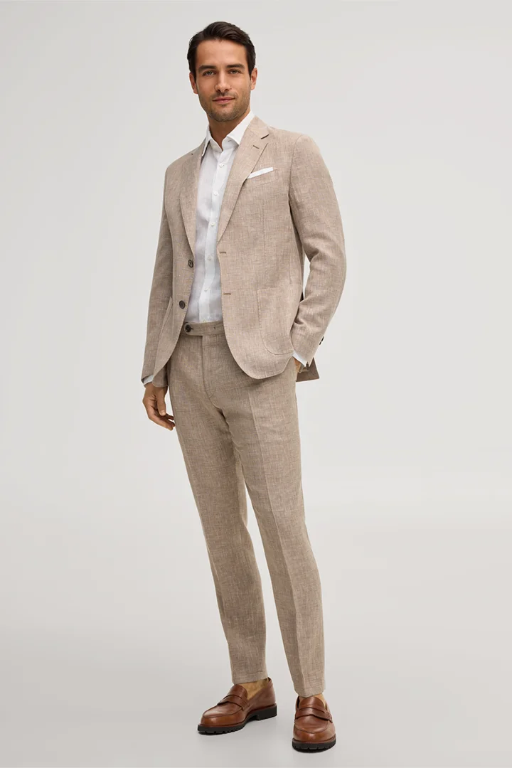 Leads to product detail page "Silvi linen blend modular trousers with wool and silk in light brown marl"