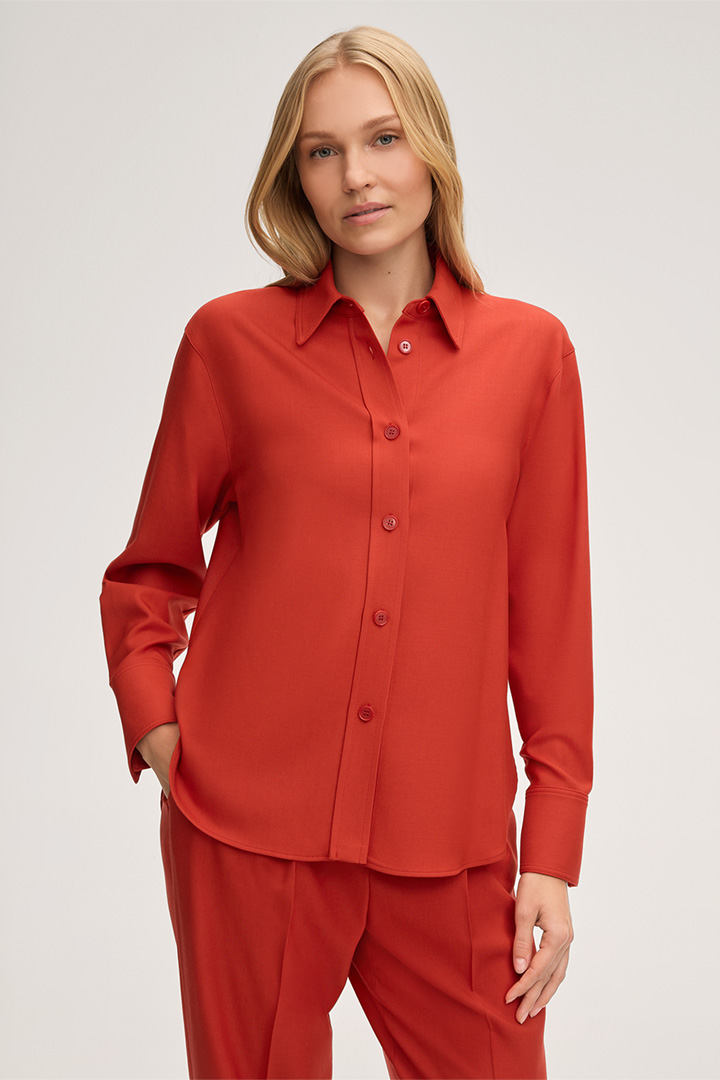 Leads to product detail page "Virgin Wool Stretch Twill Shirt-style Blouse in Red"