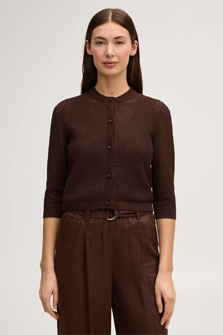 Führt zu Produktdetailseite „Viskosemix-Cardigan mit Netzstruktur in Dunkelbraun"