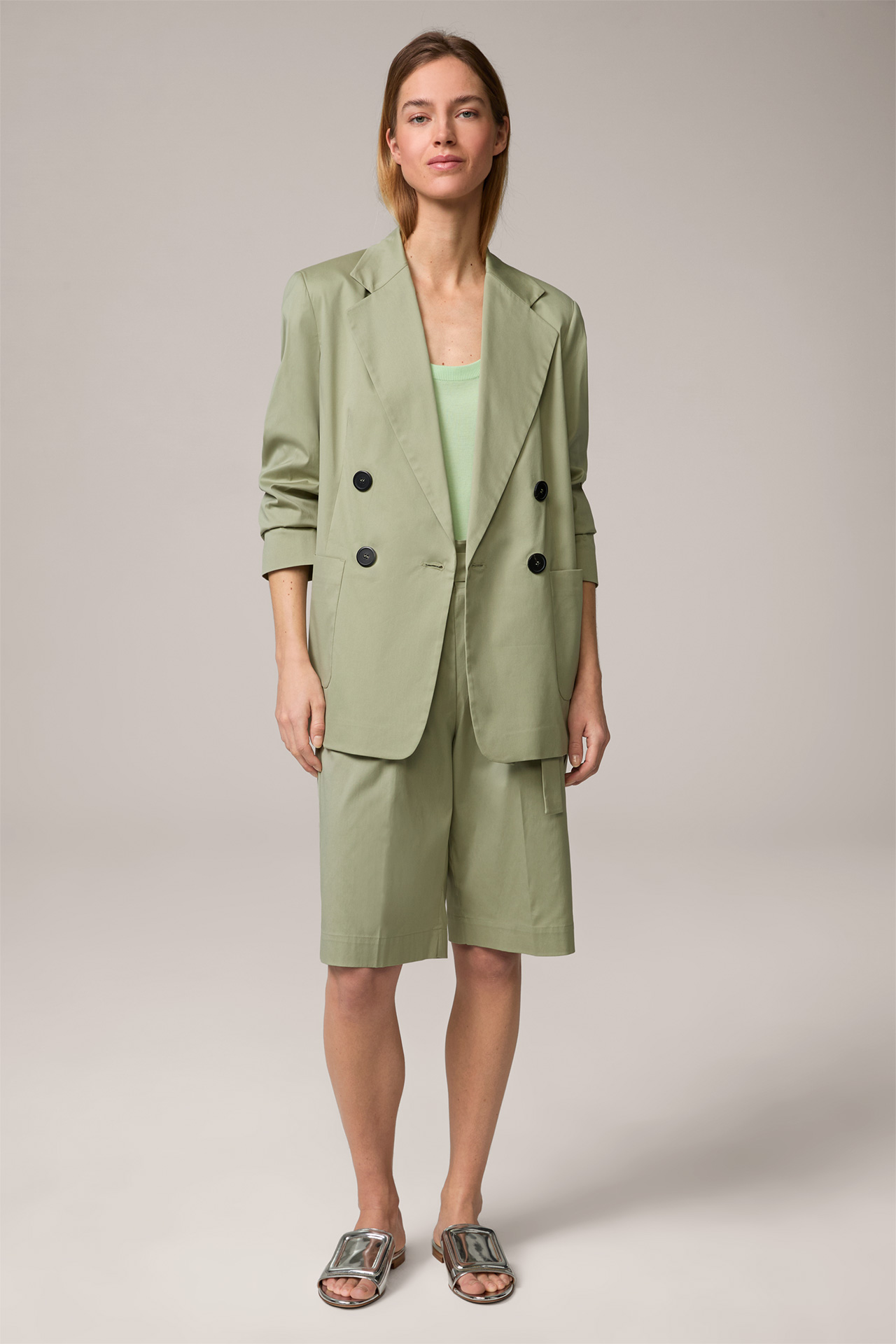 Stretch Cotton Double-Breasted Blazer in Sage