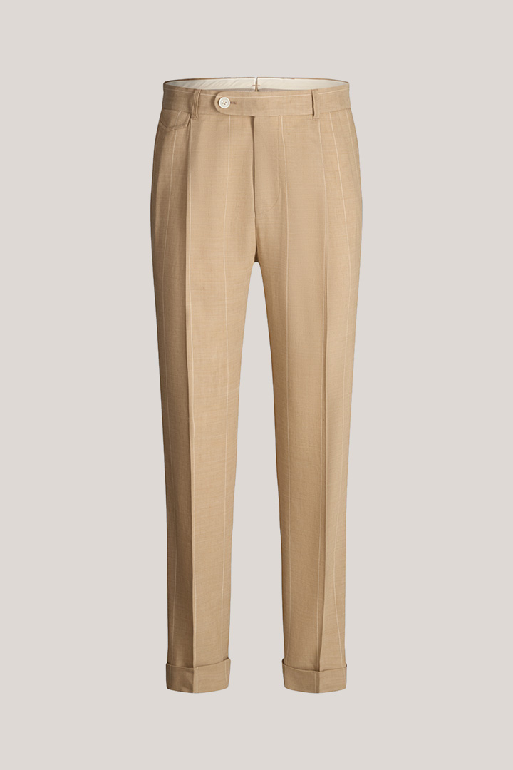 Schurwollmix-Baukasten-Hose Sapo mit Leinen und Bundfalte in Beige mit Nadelstreifen