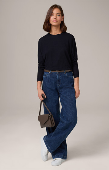 Tencel/Wool Stretch Round Neck Shirt in Navy