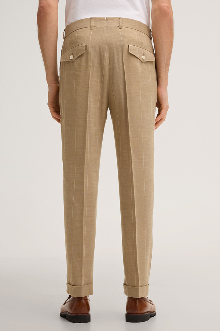 Sapo Modular Trousers with Pinstripes and Waist Pleats in a Virgin Wool Blend with Linen in Beige