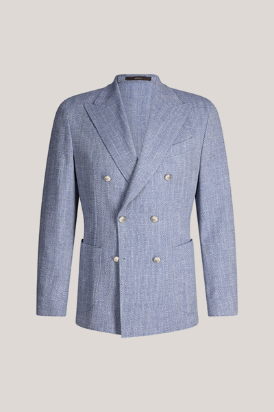 Salio Double-breasted Jacket in a Cotton Blend with Linen in Blue Herringbone