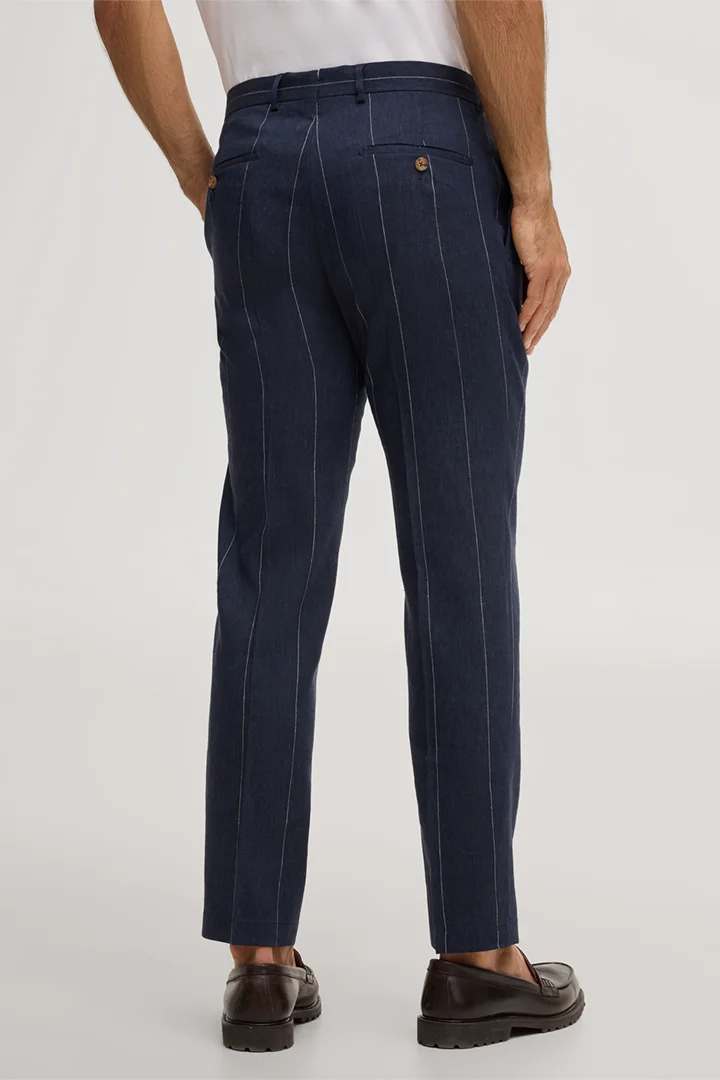 Silvi linen blend modular trousers with virgin wool in navy with pinstripes