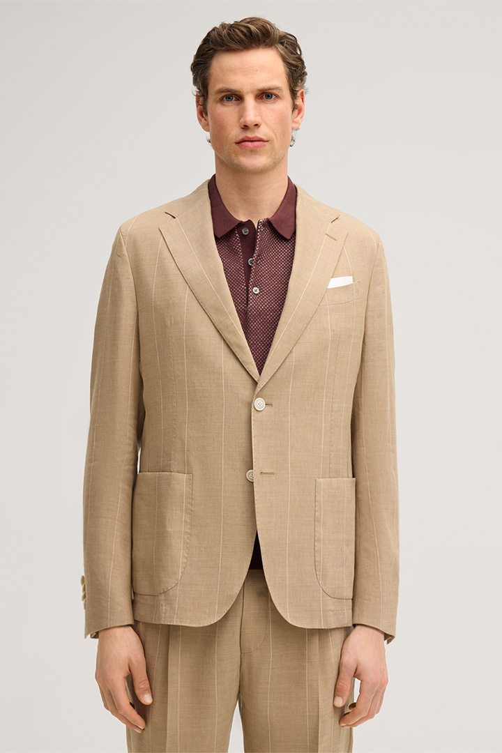 Führt zu Produktdetailseite „Schurwollmix-Baukasten-Sakko Giorno mit Leinen in Beige mit Nadelstreifen"