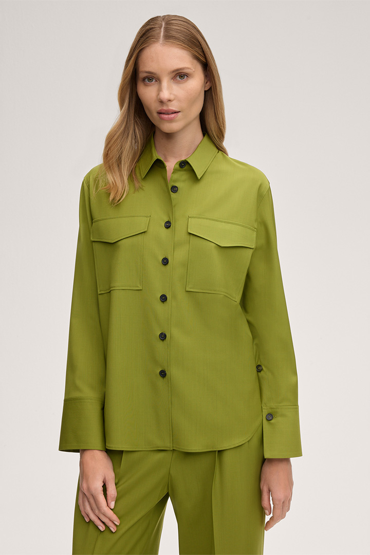 Leads to product detail page "Virgin Wool Shirt-style Blouse in Green"