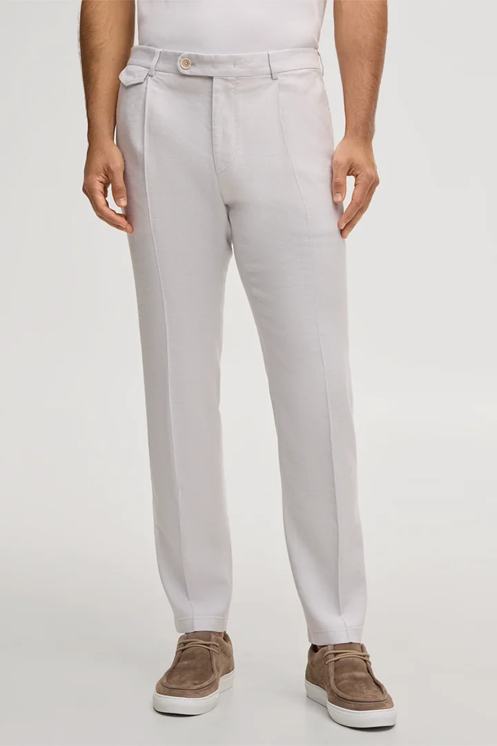 Leads to product detail page "Silvi stretch linen modular trousers with pleat on the waistband in light grey"