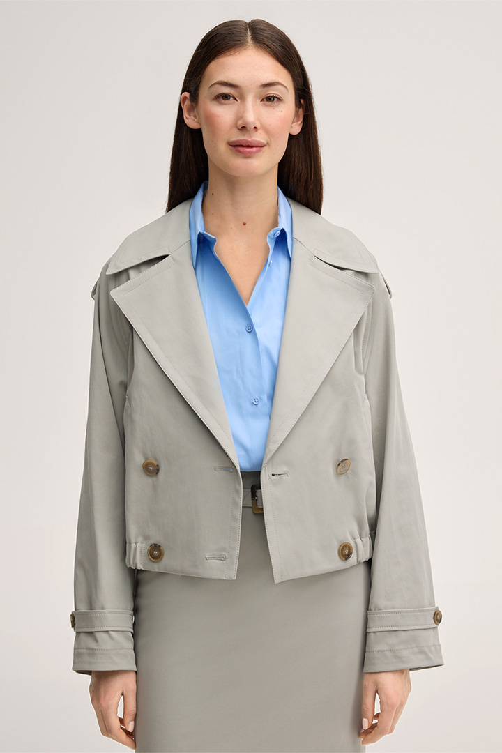 Leads to product detail page "Double cotton stretch trench blazer jacket in greige"