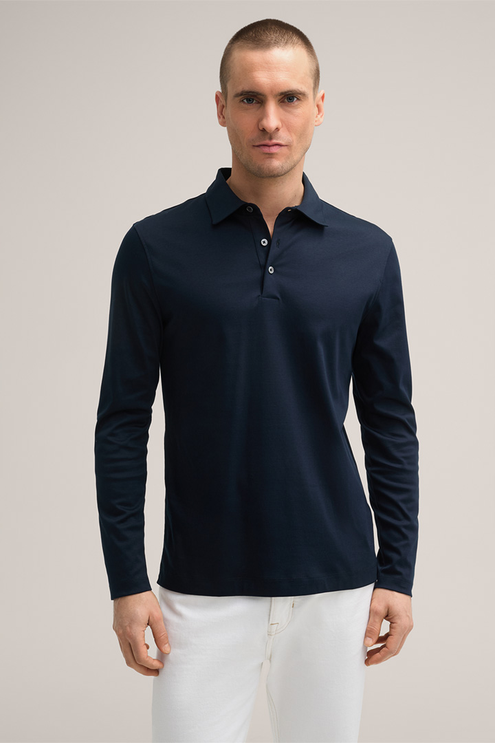 Baumwoll-Langarm-Polo Gabriello in Navy