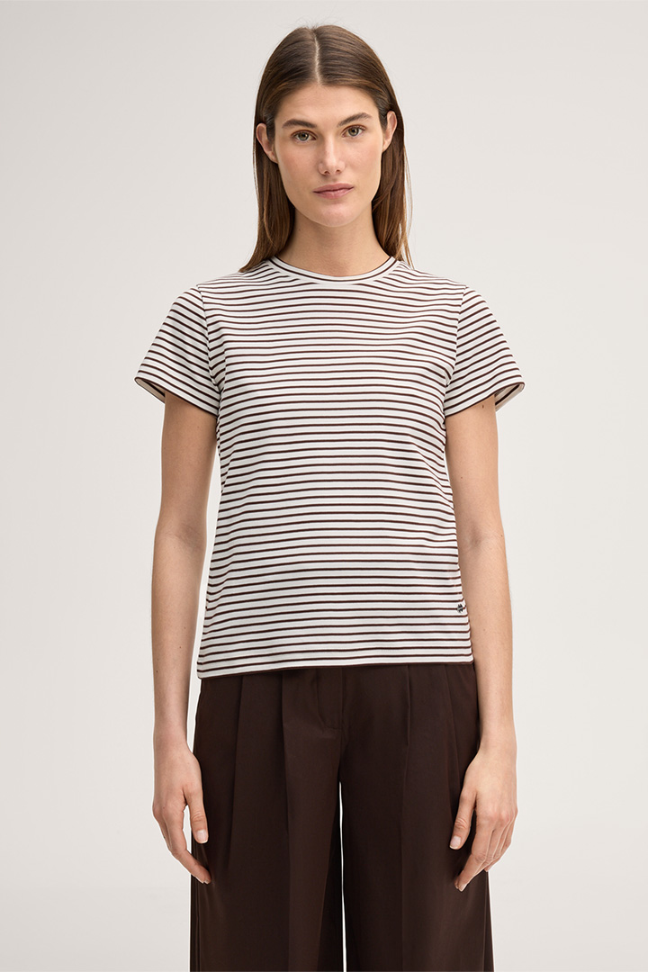 Mène à la page produit « T-shirt en coton interlock rayé marron foncé et écru »