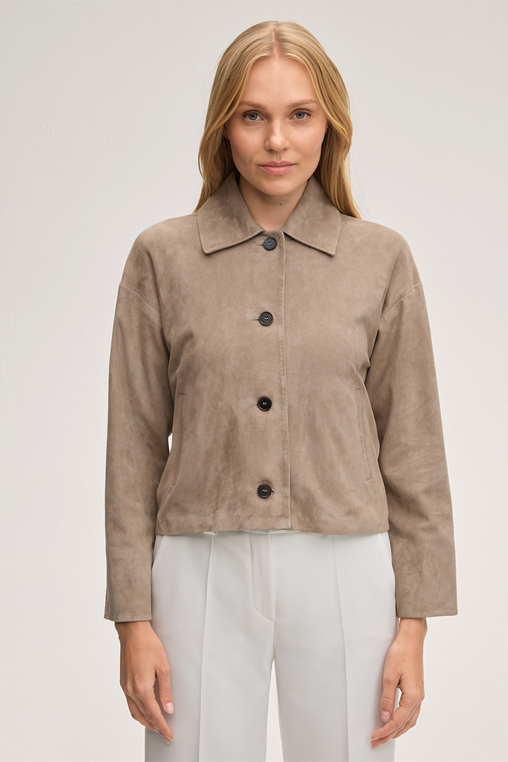 Führt zu Produktdetailseite „Lammvelours-Leder-Hemdjacke in Taupe"