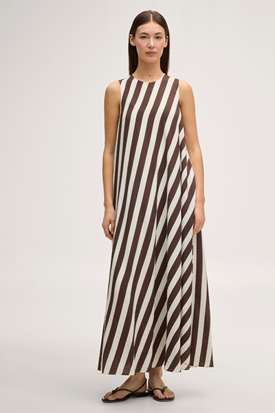 Viscose-linen blend maxi dress in ecru and dark brown stripes