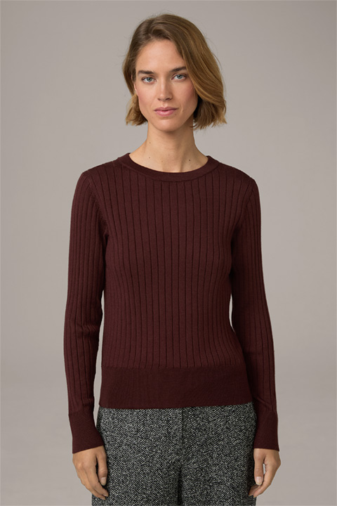 Virgin Wool and Silk Blend Ribbed Knit Pullover in Reddish Brown