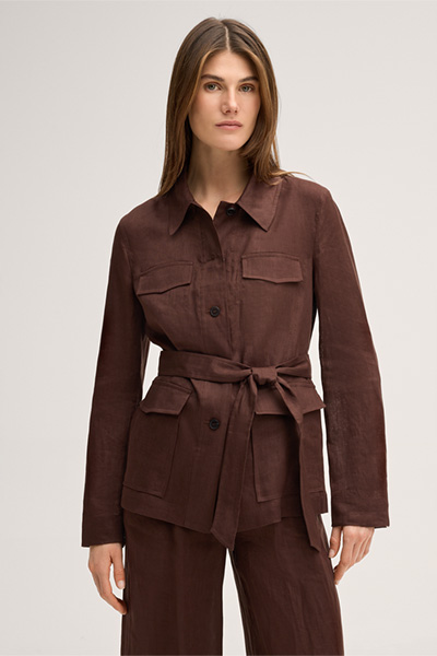 Linen field jacket with belt in dark brown