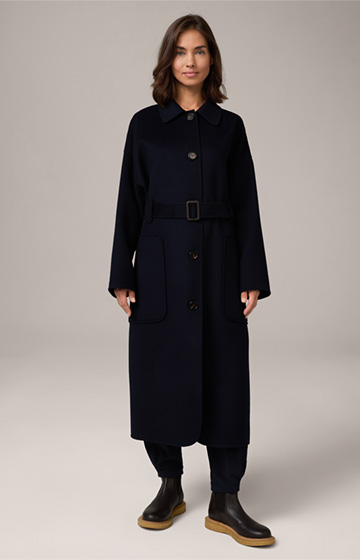 Virgin Wool Coat with Belt in Navy