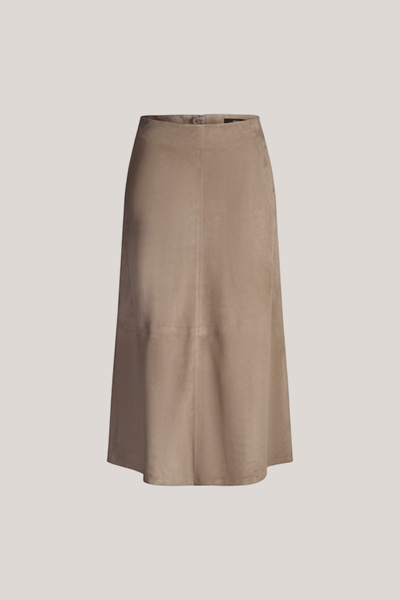 Lammvelours-Leder-Rock in Midi-Länge in Taupe