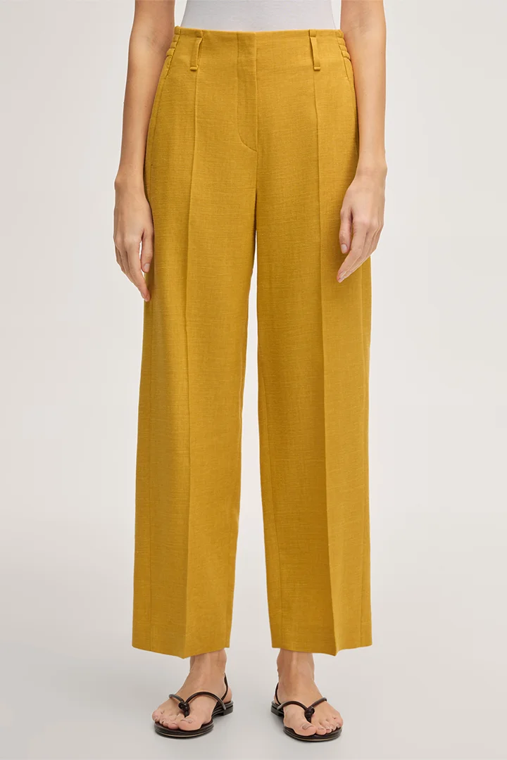 Führt zu Produktdetailseite „Leinenstretch-Bundfaltenhose in Gelb"