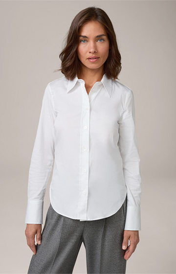 Cotton Satin Stretch Shirt-style Blouse in White