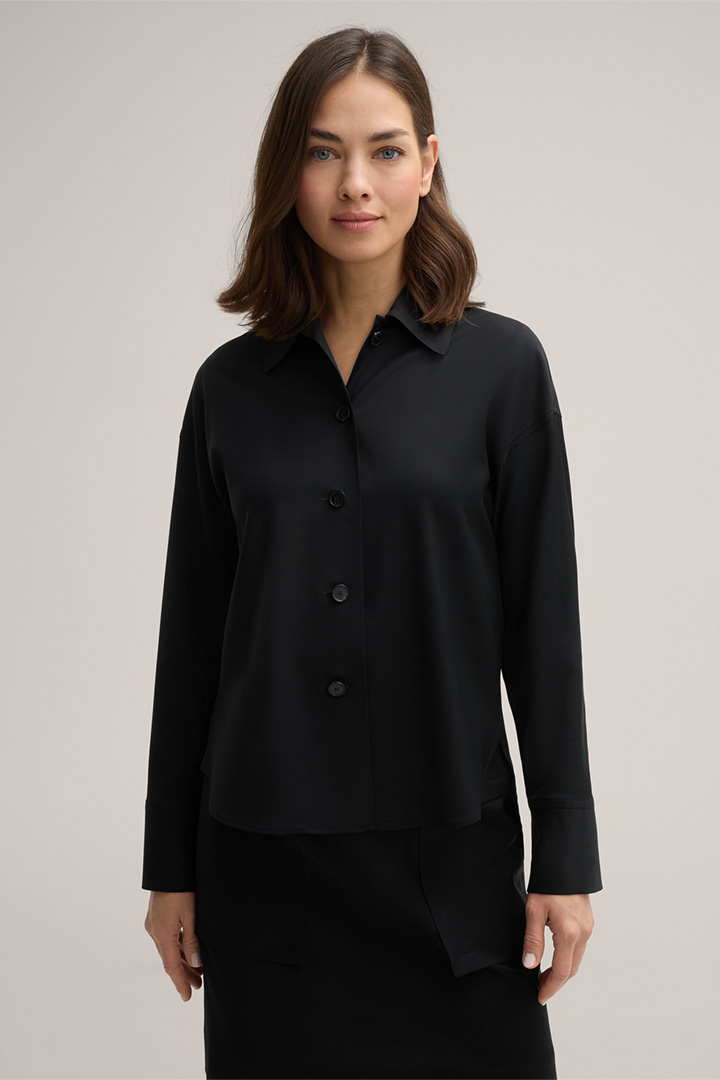 Virgin Wool Shirt-style Blouse in Black