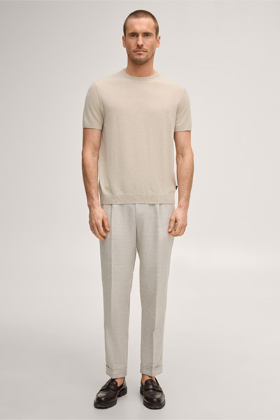 Leads to product detail page "Sapo linen blend modular trousers with virgin wool in beige herringbone"