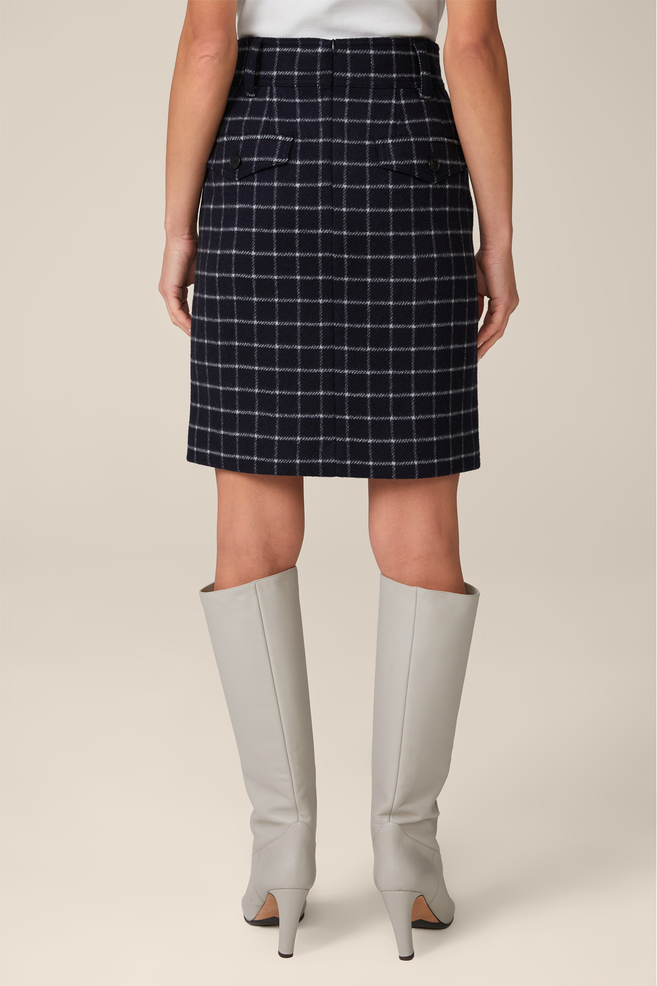 Wool Blend Boot Skirt in Navy and White Check