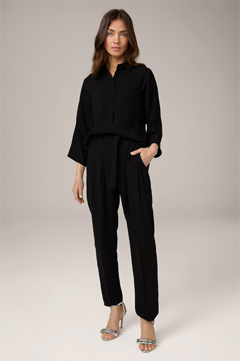 Crêpe Blouse with Shirt Collar, Oversized, in Black