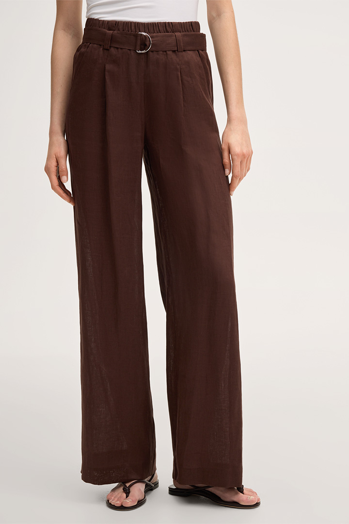 Führt zu Produktdetailseite „Leinen-Palazzo-Bundfalten-Hose mit Gürtel in Dunkelbraun"