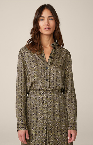 Printed Viscose Shirt Blouse in a Black and Beige Pattern
