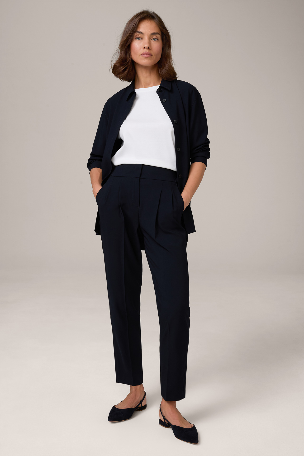 Virgin Wool Crêpe Pleated Trousers with Tab Details in Navy