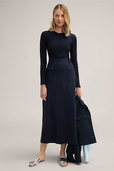 Schurwollstretch-Maxi-Rock mit Schlitz in Navy