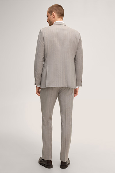 Leads to product detail page "Sera-Sole virgin wool suit in grey and brown stripes"