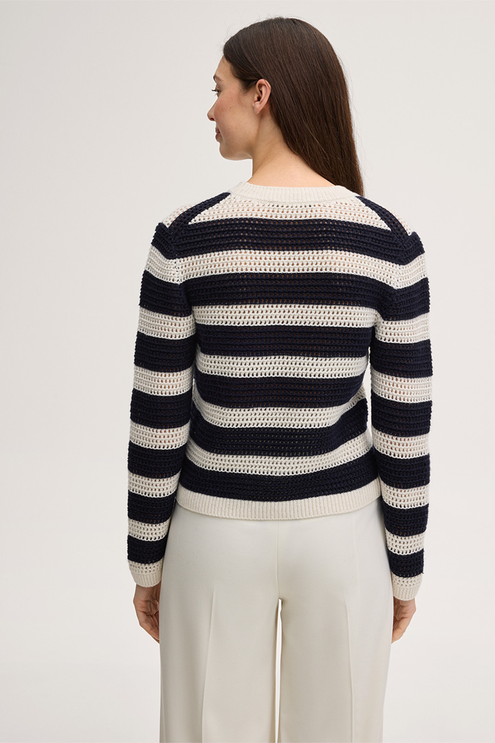 Pullover in Virgin Wool and Cashmere in Navy/Ecru Stripes
