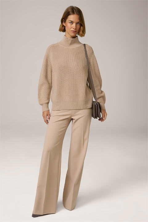 Knitted Merino Pullover with Stand-up Collar in Beige