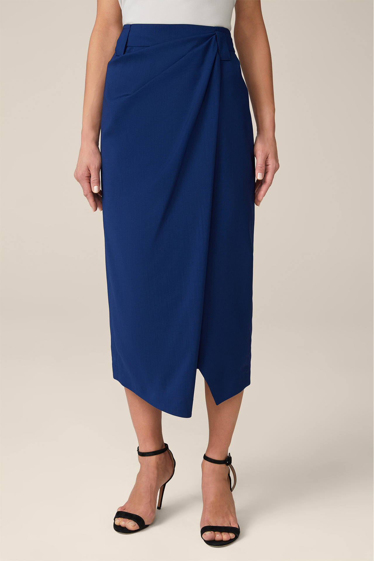 Virgin Wool Midi Length Skirt with Wrapover in Blue