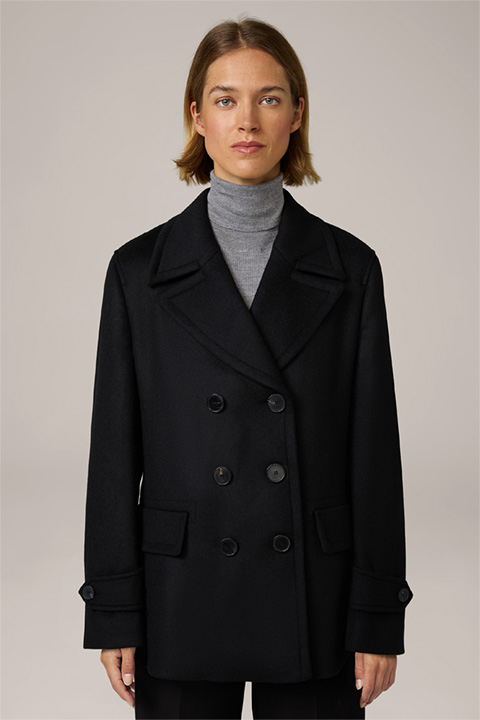 Wool Blend Pea Coat with Cashmere in Black