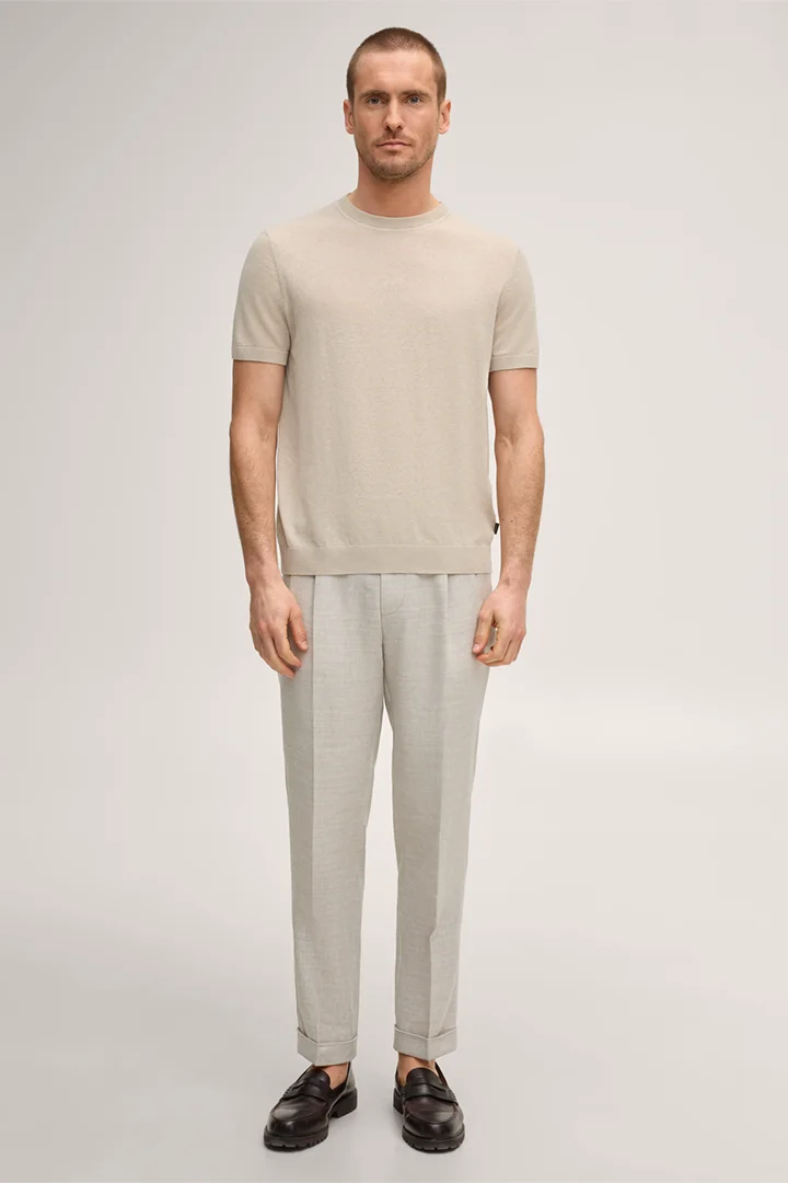 Leads to product detail page "Sapo linen blend modular trousers with virgin wool in beige herringbone"
