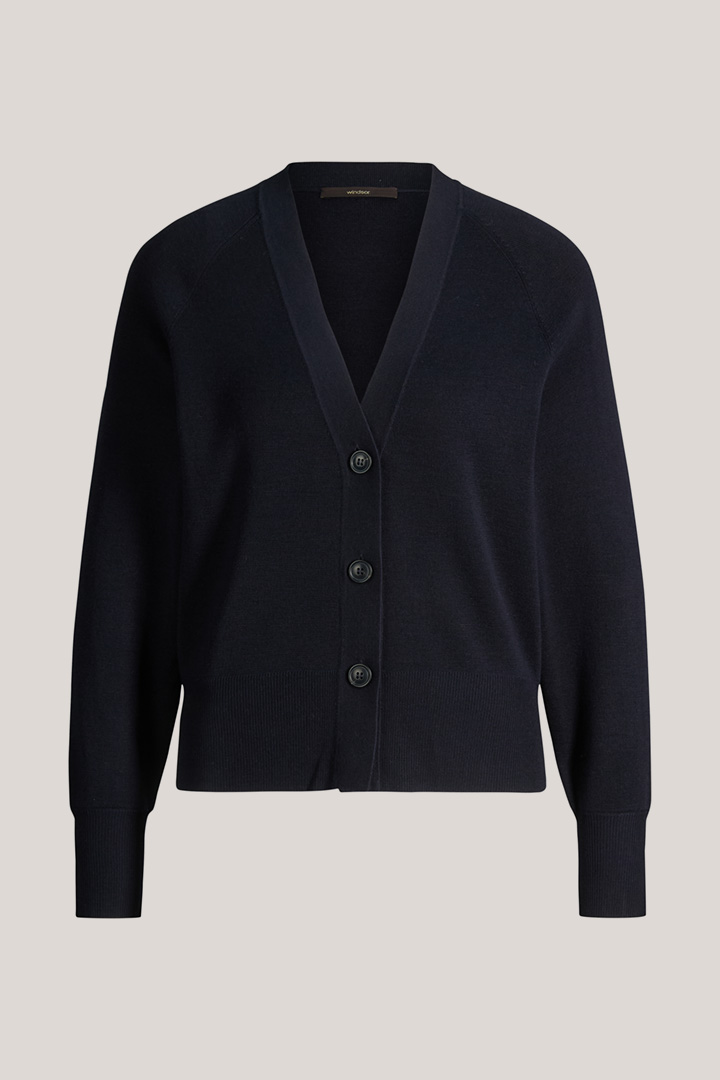 Führt zu Produktdetailseite „Schurwoll-Seidenmix-Cardigan in Navy"