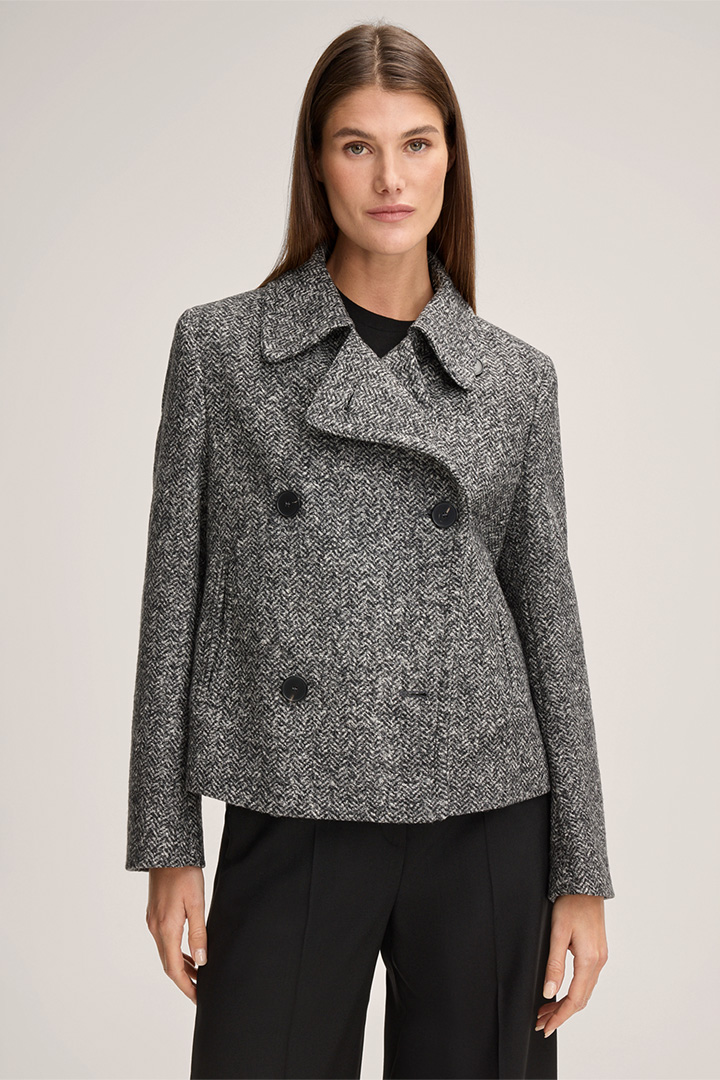 Führt zu Produktdetailseite „Tweed-Jersey-Doppelreiher-Jacke in Grau"