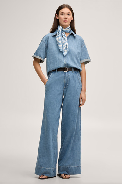 Jeans-Hemdbluse kurzarm in Mid Blue washed