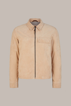 Pesaro Kidskin Suede Leather Jacket with Turn-down Collar in Beige