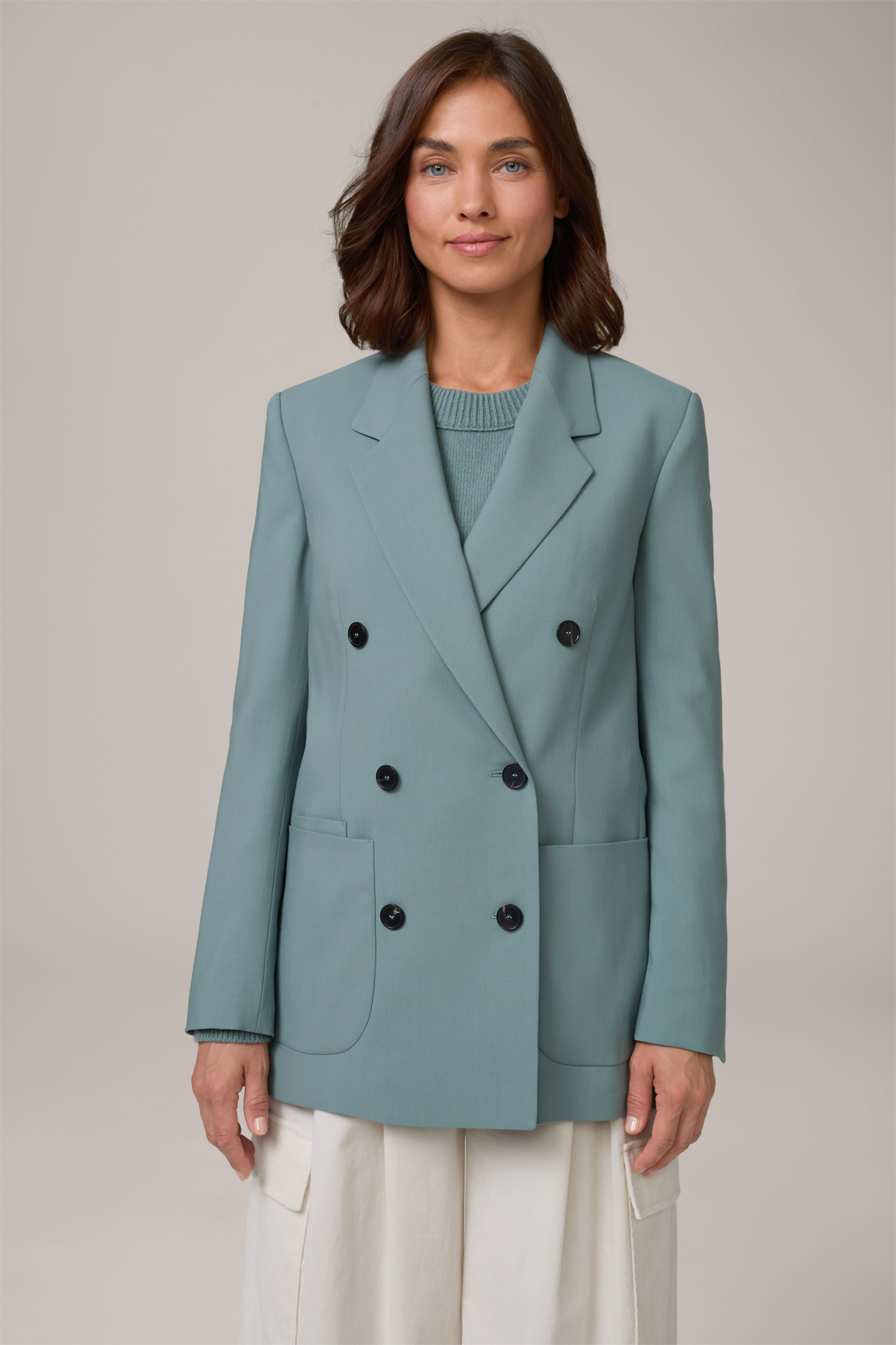 Virgin Wool Crêpe Double-breasted Long Blazer in Light Blue