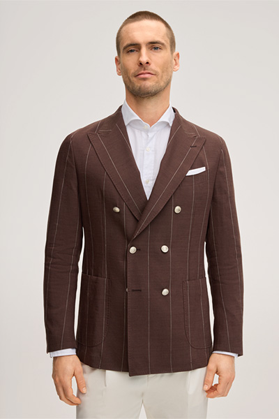 Schurwollmix-Baukasten-Doppelreiher Salio mit Leinen in Bordeaux Rot mit Nadelstreifen