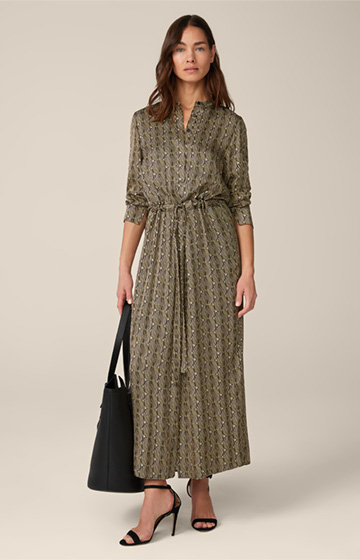Printed Viscose Shirt Dress in a Black and Beige Pattern