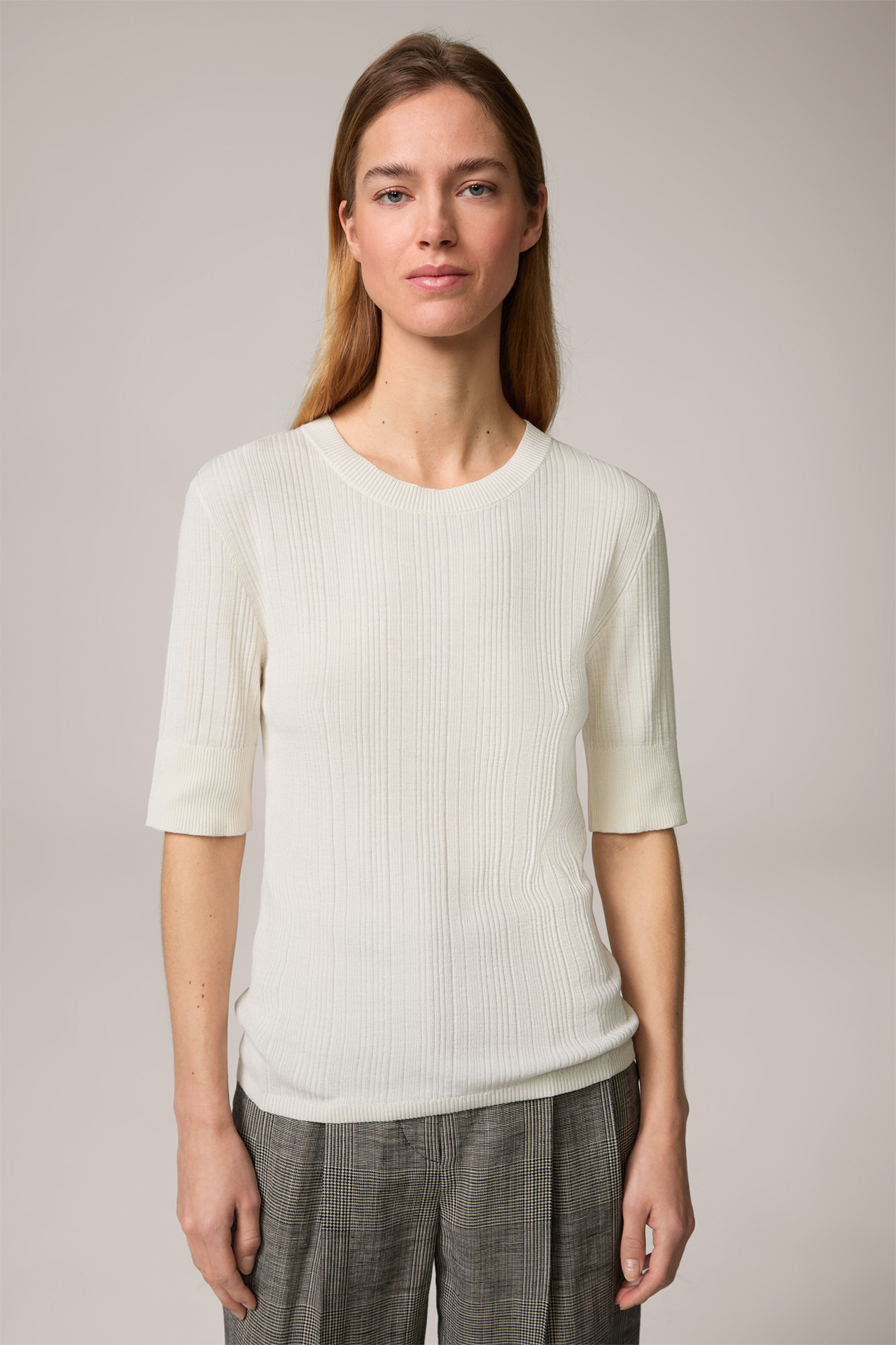 Silk Cotton Blend Ribbed Knit T-shirt in Cream