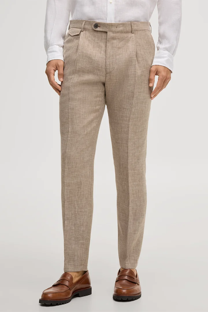 Leads to product detail page "Silvi linen blend modular trousers with wool and silk in light brown marl"