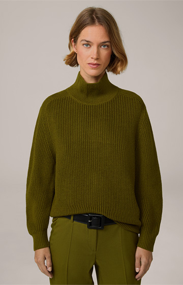 Merino Knitted Pullover with Stand-up Collar in Green