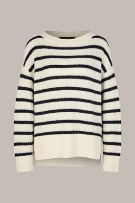 Virgin Wool Round Neck Sweater with Cashmere in Ecru and Navy Stripes