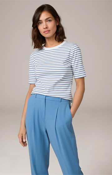 Baumwoll-Interlock-Halbarm-Shirt in Weiß-Blau gestreift