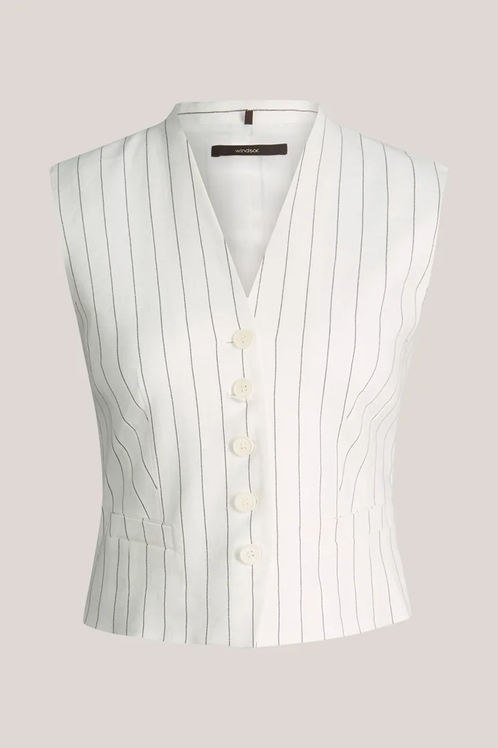 Nadelstreifen-Leinenmix-Weste tailliert in Ecru